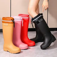 Red High Heel Rain Boots Women's Slip-On Outdoor Waterproof Knee-High PVC Shoes Comfortable Slimming Trendy Chinese Style