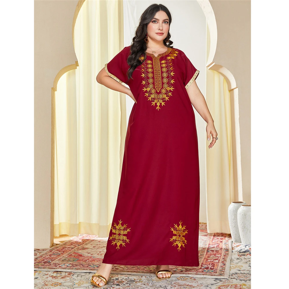 

Arab Women Ethnic Embroidery Abaya Kaftan Short Sleeve Floral Robe Dubai Party Gown Muslim Islamic Casual Long Dress Ramadan