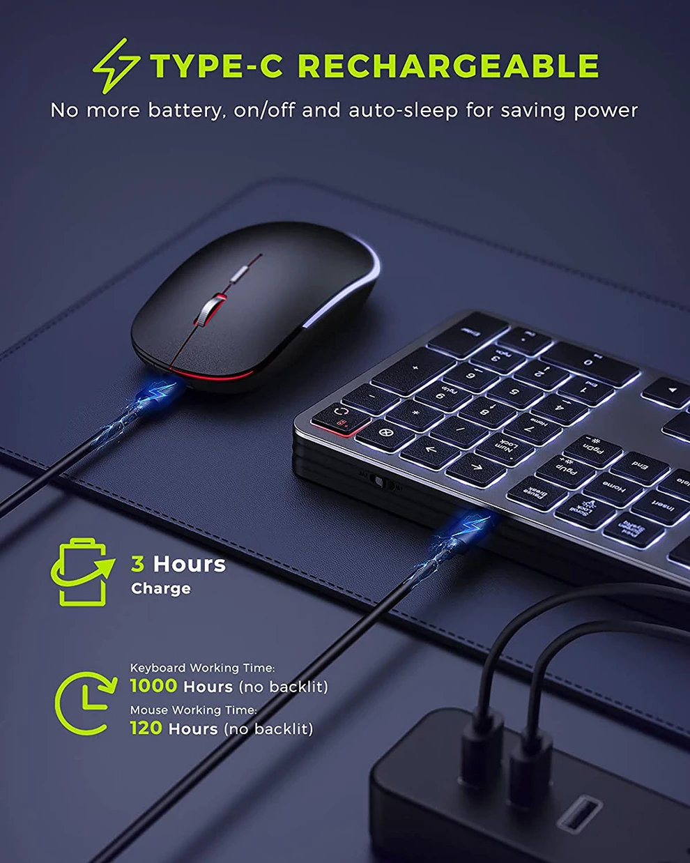 Conjunto de mouse e teclado fino recarregável em tamanho grande, USB, 2.4G