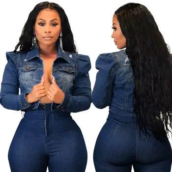Giacca corta da donna autunno giacche di Jeans strappate Sexy Jeans Vintage Casual Jean manica a sbuffo cappotto Chic femminile Streetwear Plus Size 1