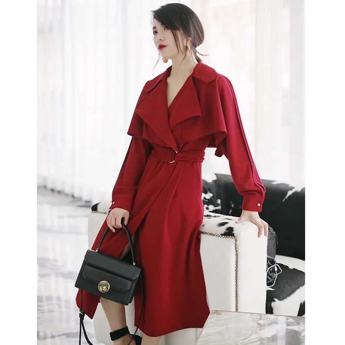 

Simple and Elegant Women's Style Cloak New Slim Fit Mid length Black Red Windbreaker