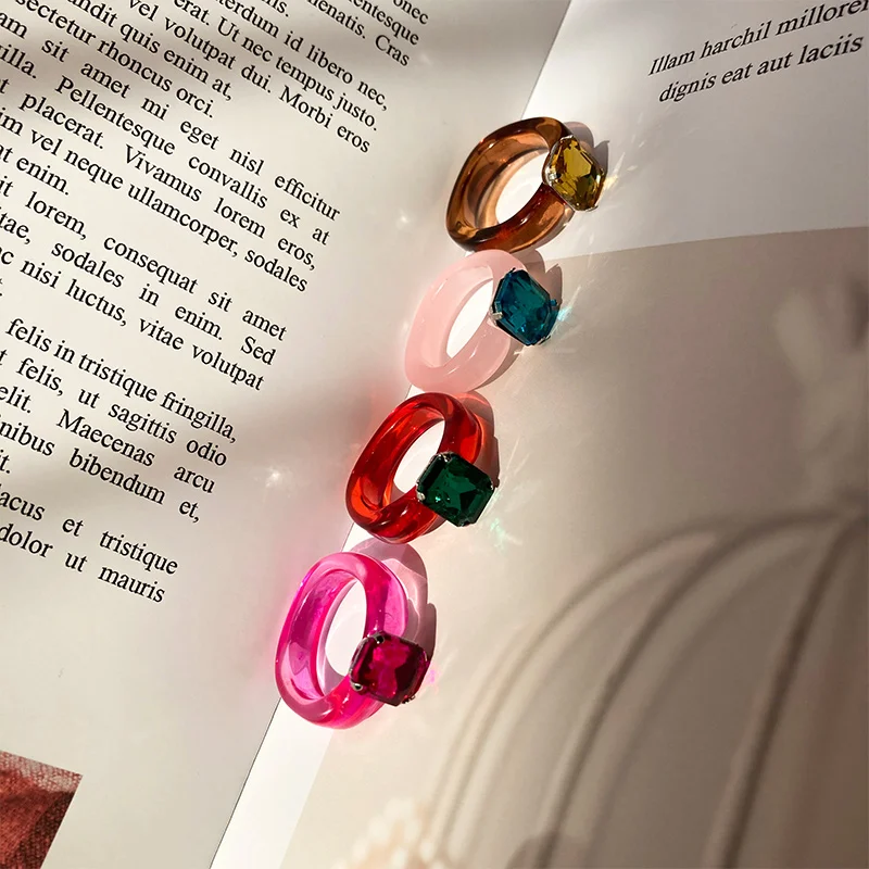 Finger Ring Fashion Acrylic Colorful Rectangle Rhinestone Rings Women Big Transparent Finger Ring Girls Vintage Female Jewelry