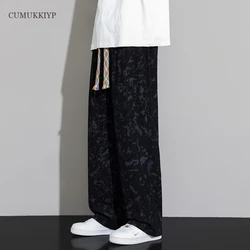 CUMUKKIYP Loose Fit Drawstring Wide-leg Denim Jeans for Casual Wear Men Pants