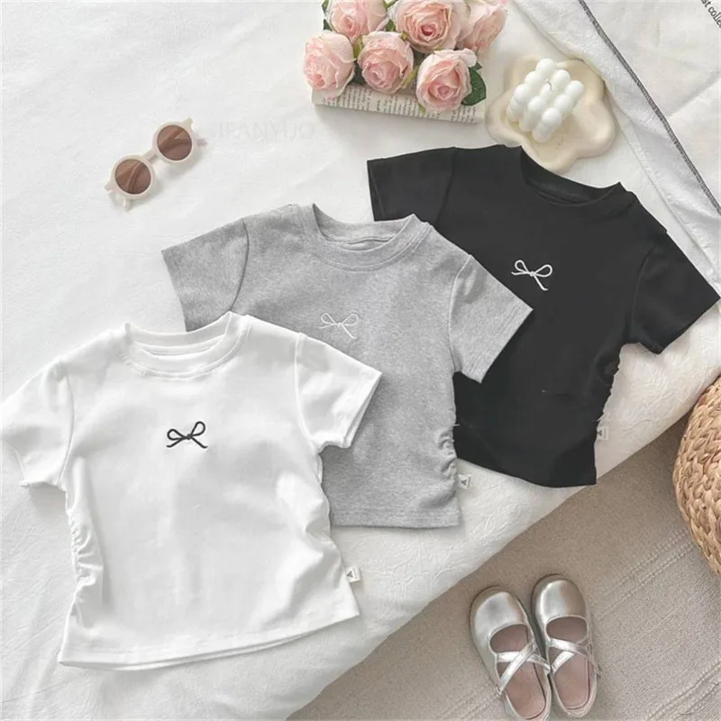 Korean Summer Bowknot Casual Short Sleeve T-shirts for Kids 0-12