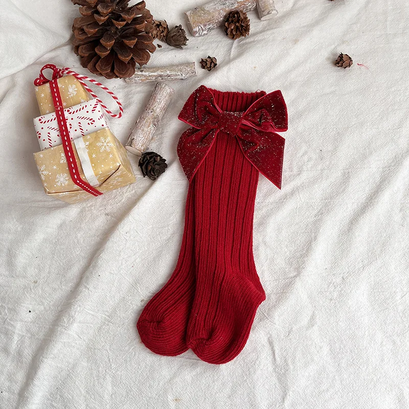 16pairs 2022 New baby Long Socks girls children Velvet Bows Spanish style Socks Heavy Knit Knee High Toddler Christmas Socks