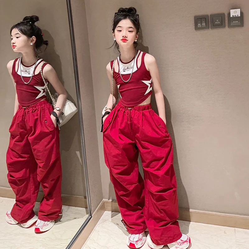 Teenage Girls Casual Wear Star Vest Tops Wide Leg Cargo Pants