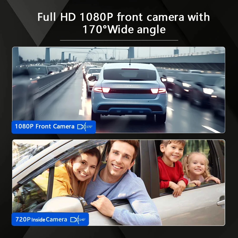 داش كام للسيارات 1080P سيارة DVR مسجل فيديو كاميرا سيارة مزدوجة الجبهة داخل عرض كاميرا حلقة تسجيل واي فاي رصد داشكام
