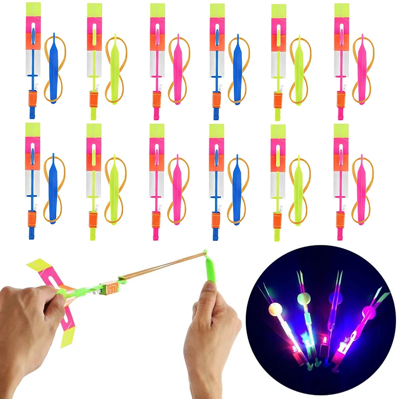 10 Pcs LED Luminous Slingshot Outdoor Flash Light Flying Arrows Flying Toys Helicopter Slingshots Catapult Kids Adults Toy Props