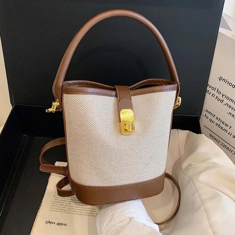 

Fashion Design Women's Bag Bucket Handbag Retro Ladies Shoulder Bag Crossbody Canvas Leather Light Luxury Small Bags for Women
