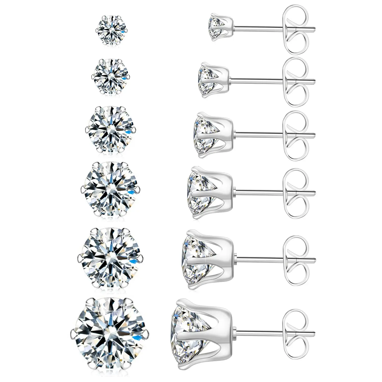 

6 Pairs Hypoallergenic 14K White Gold 316L Stainless Steel Cubic Zirconia CZ Stud Earrings Set Size 3-8mm