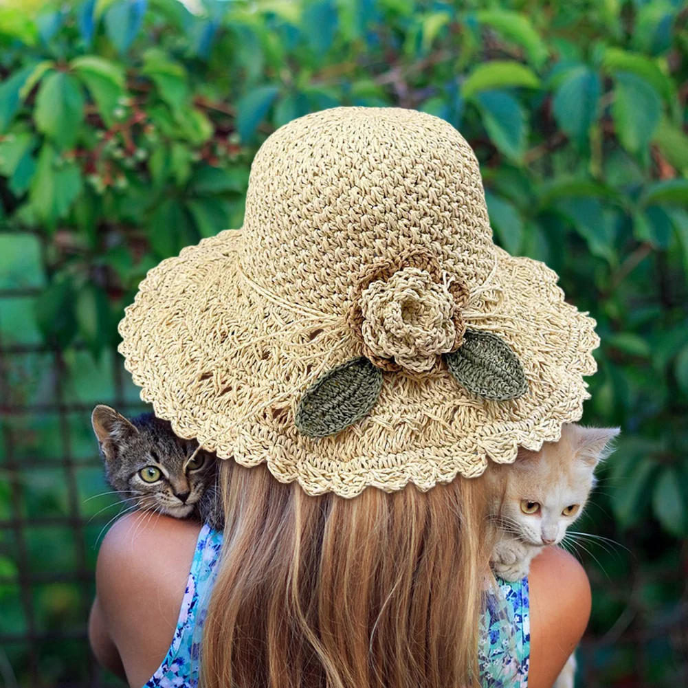 Portable Ladies Straw Hat With Flowers Women Travel Beach Hats Comfy Face Sunscreen Caps for Spring Summer