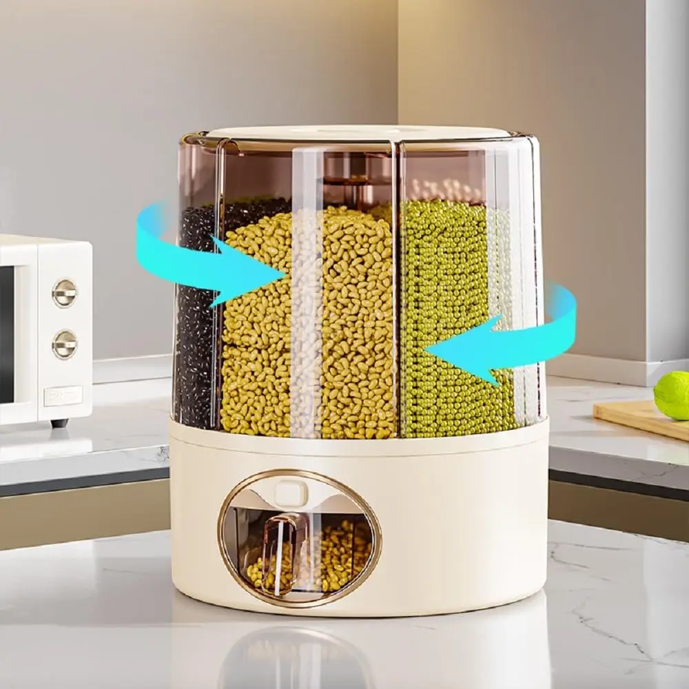 Rice Grain Storage Container Household 360&deg; Rotating Grain Dispenser Insect-proof and Moisture-proof 6-cell Food Sealed Bucket