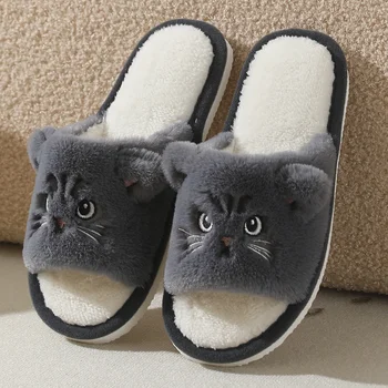 Faux Fur Cat Home Slippers for Couple Winter 2025 Warm Plush Soft Sole House Shoes Woman Plus Size 36-45 Non Slip Indoor Slides 1
