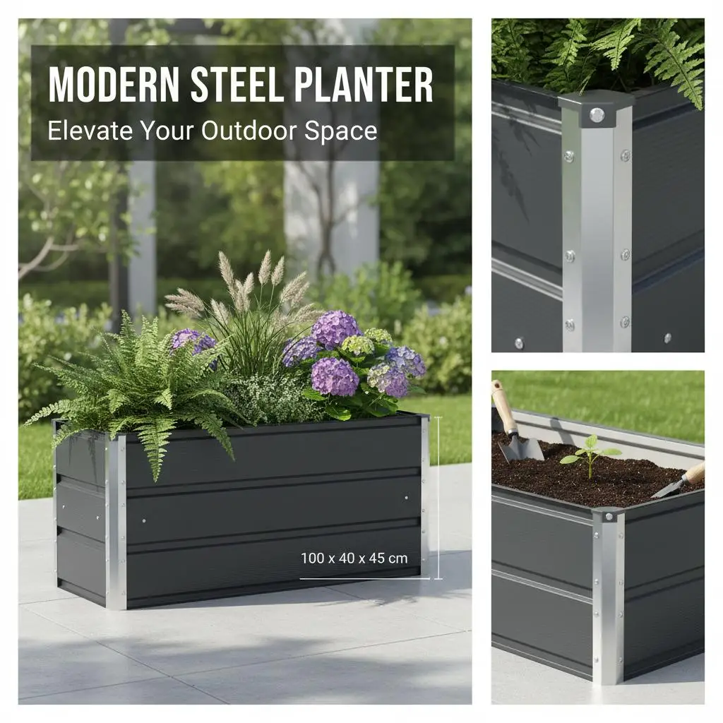 Anthrazitfarbener Stahlpflanzkübel 100x40x45 cm für Innen- und Außenbereich, rechteckiger Gartenkübel im Industriedesign für Terrasse – Detail 2