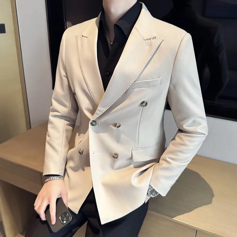 

British Style Double Breasted Men Blazers Casual Business Suit Jacket Slim Closure Collar Wedding Streetwear Social Jacket 2023