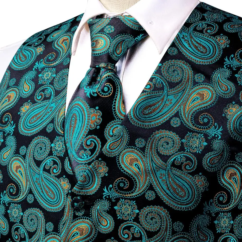 Hi-Tie Silk Paisley Mens Vest Hanky Cufflinks Set Same Pattern Orange Brown Purple Teal Waistcoat Jacket for Wedding Office Gift