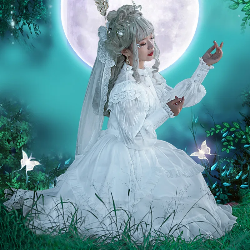 Pre-order Vintage Lolita Costume Long Sheer Sleeve Casual Dress Lace Ruffled Illusion Neck Midi Gothic Party Dress