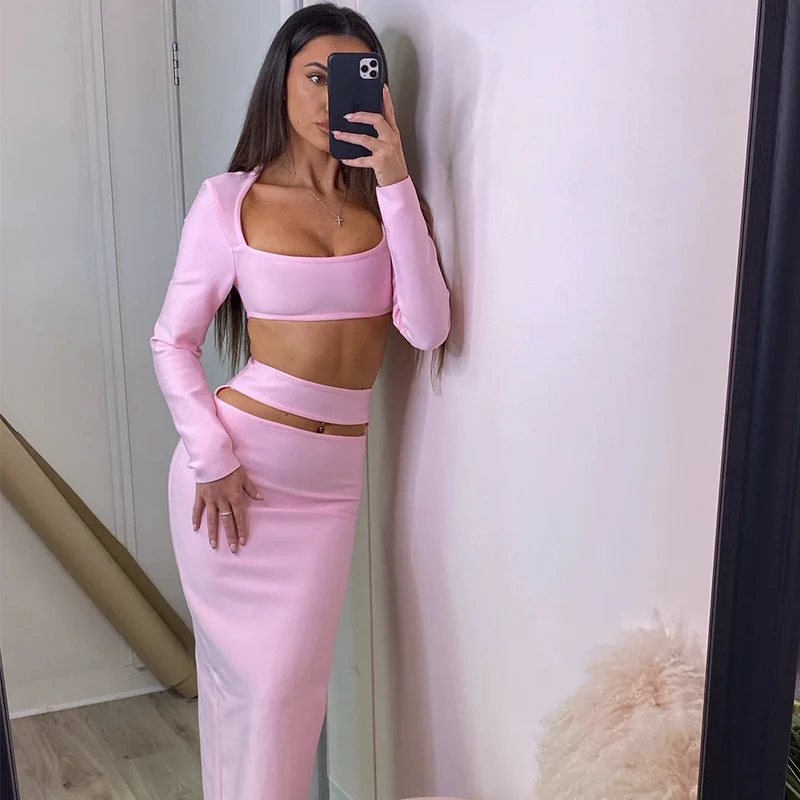 Factory Wholesale women's Wear White Pink Long Sleeve Bandage Top&Long Skirts Sexy Two Piece Set Celebrity Party Sets