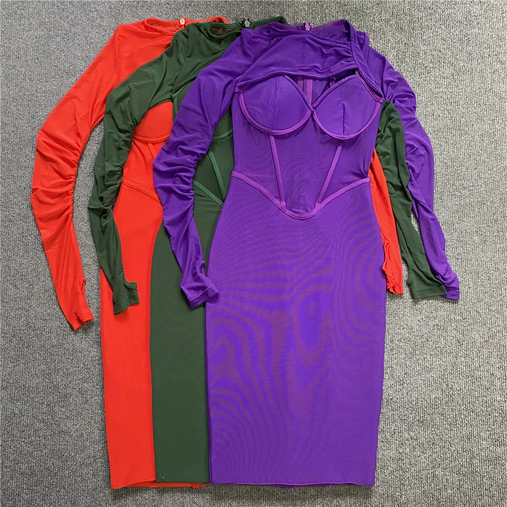 

2022 High Quality Perspective Long Sleeve Slim Hollow Long Style Bandage Dress Raiom Elegant Bodycon Fold Party Club Dress