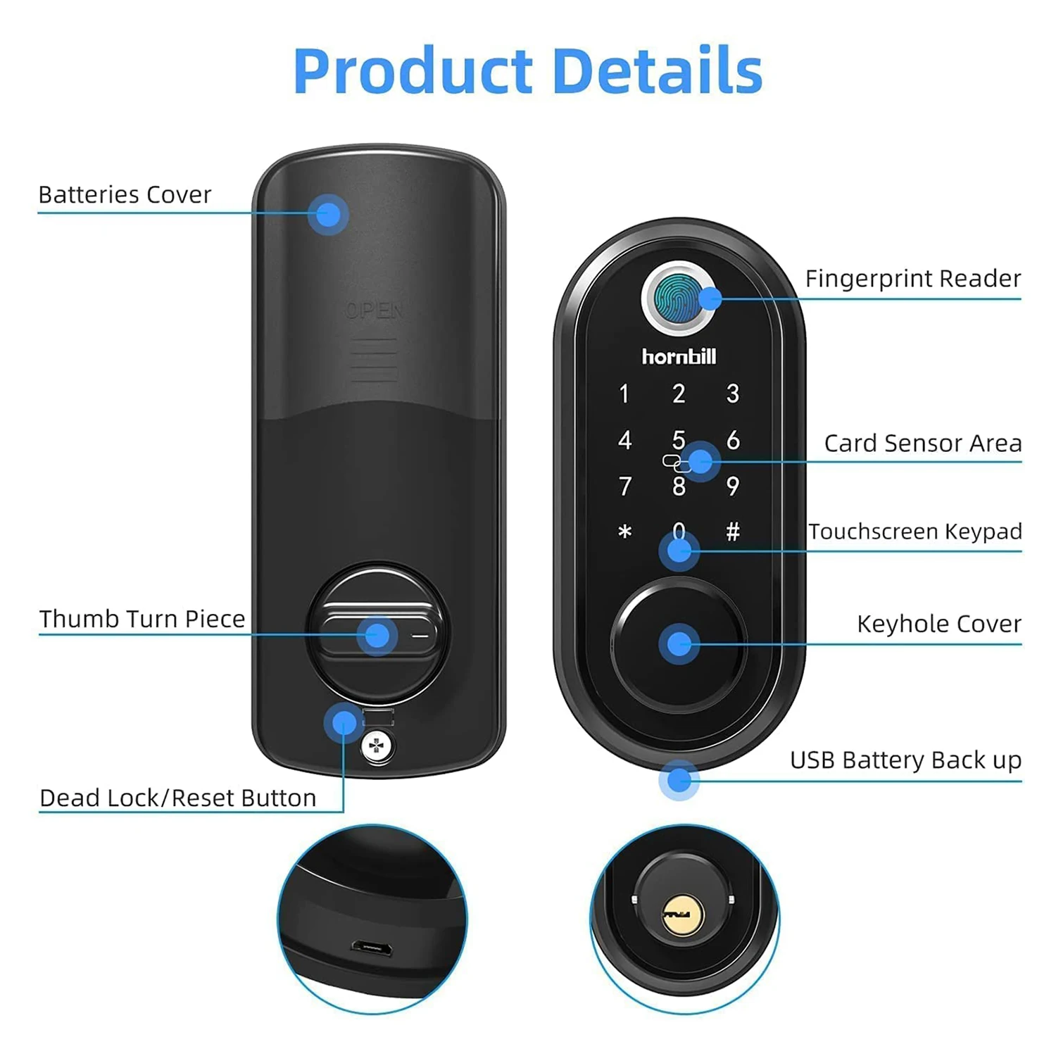 Hornbill Biometric Fingerprint Smart Door Lock Keyless Entry Front Door Locks Wifi Electronic Keypad Unlock For