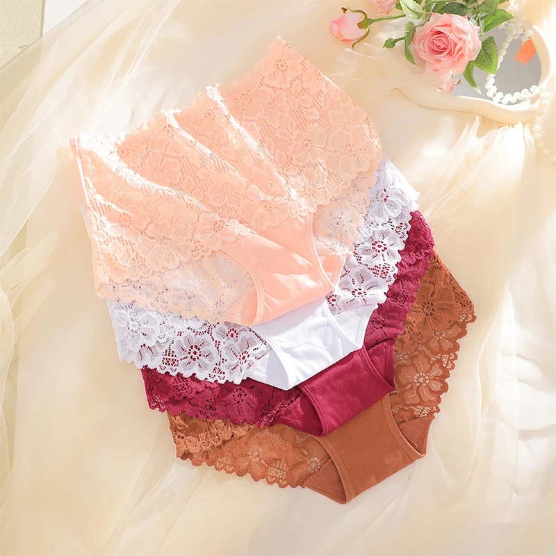 4Pcs/Set High-Waisted Hollow Out Lace Panties For Women Soft Cotton Crotch Breathable Comfortable Pan 3