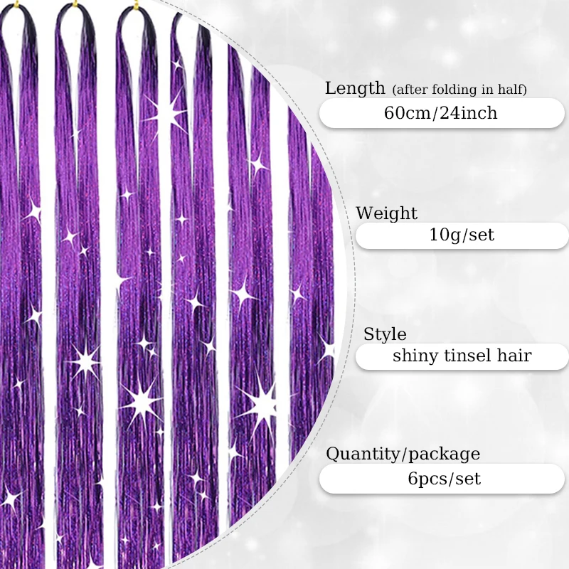 6Pcs 24inch Purple Tinsel Hair Kit Glitter Hair Extension Shiny Colored Hair Tinsel for Women Christmas Party Use Sparkling Hair