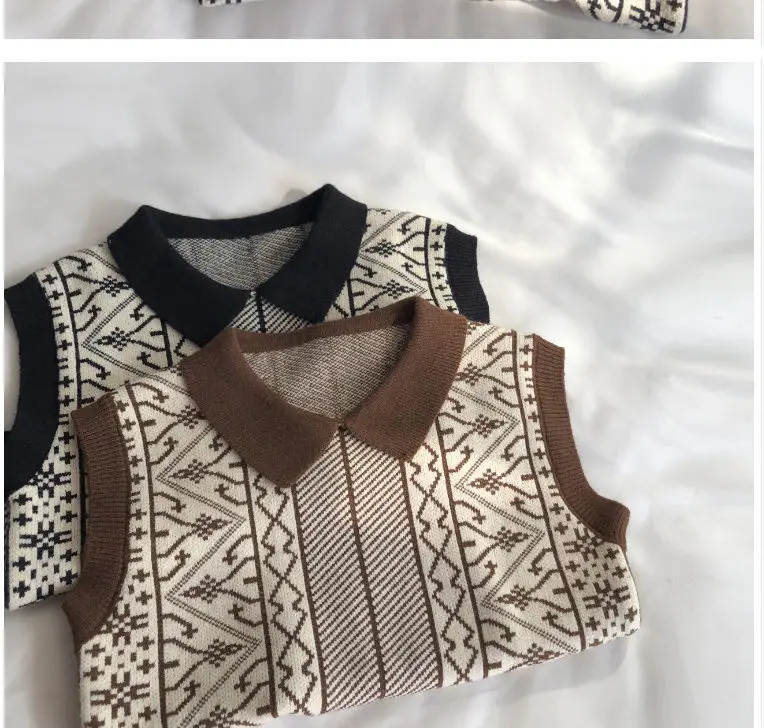 Retro jacquard knitted waistcoat autumn and winter sleeveless lapel sweater jacket Western style all-match blouse women Sweaters