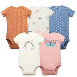 Pack of 5 Cotton Baby Bodysuits - Fashionable Infant Jumpsuits with Cartoon Designs - 18M (SKY BLUE)