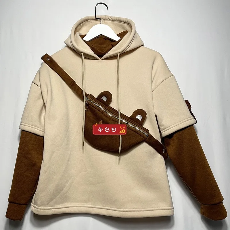 

Толстовка с капюшоном в виде симпатичного маленького медведя и пельменей, милый мягкий пуловер с капюшоном и плюшевой подделкой из двух частей