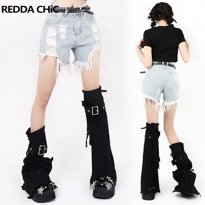 

REDDACHiC Cross Patched Denim Women Leg Warmers Belted Bandage Girl Lolita Acubi Fashion Black Cuffs Boots Cover Knee-Long Socks