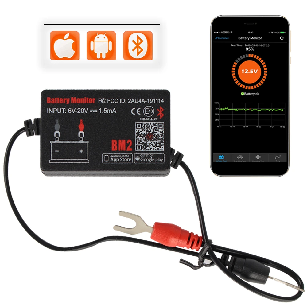 For Android IOS Phone Digital Analyzer BM2 Bluetooth 4.0 With Alarm Voltage Charging Cranking Test 12V Car Battery Monitor normal car temperature gauge