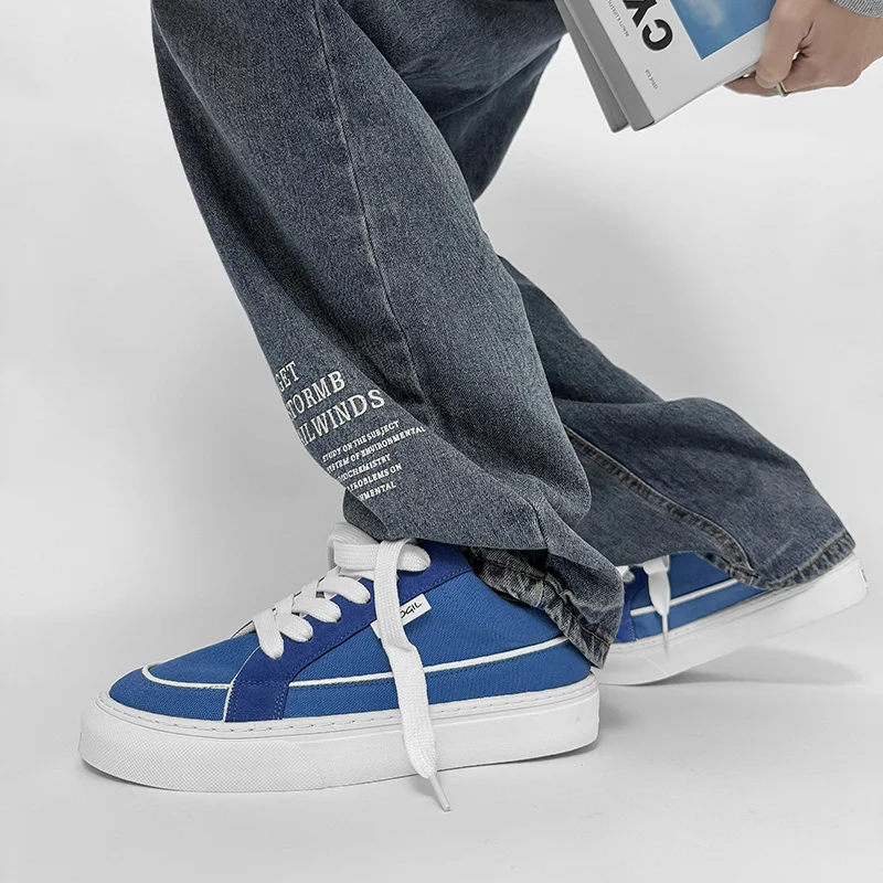 Harajuku style Blue Men's Canvas Shoes 45 Size Spring Low cut Vulcanize Sneakers Men Breathable Lace Up Skateboard Shoes Men 2