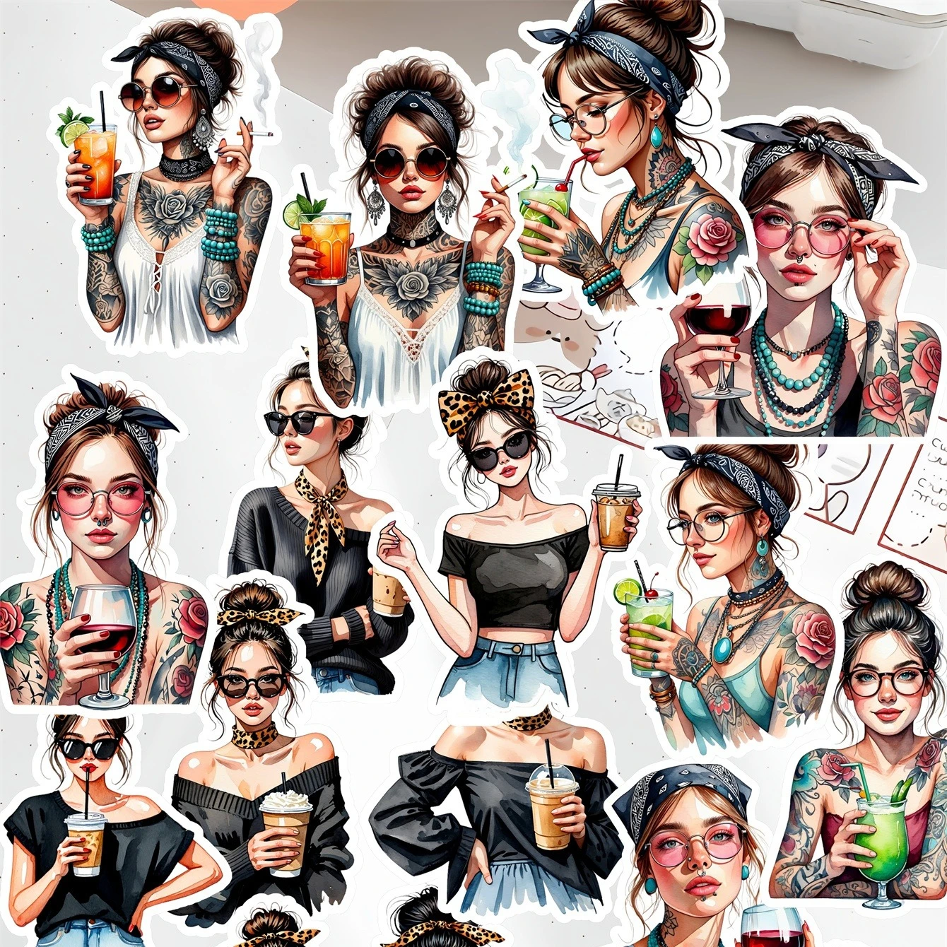 18-teiliges DIY-Set Modische Schönheits- und Coole Tattoo-Girl-Aufkleber mit Handgezeichneten Alltagsmotiven für Planer und Journal-Dekoration