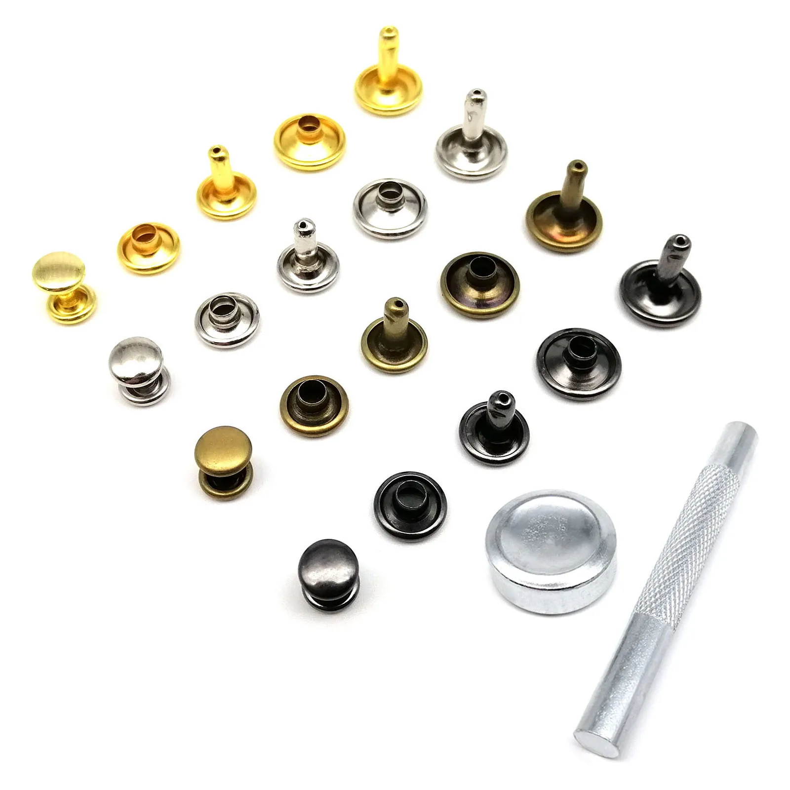Premium Metal Double Cap Round Rivet Stud Set for Leather Crafting and Accessories – 100 Sets of 6/8/10mm Rivets