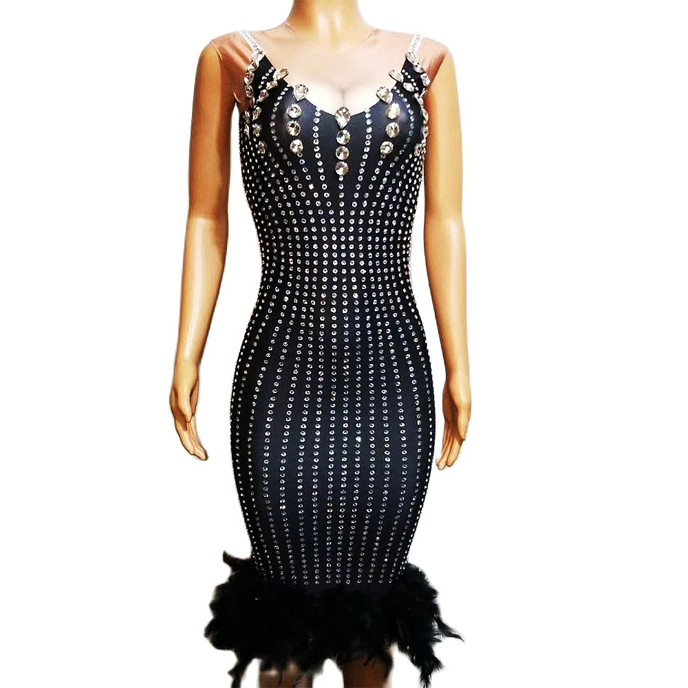 

Luxury Black Feather Sparkly Crystals Dress Women Shining Rhinestone Sleeveless Dresses Singer Stage Wear Dance Outfit Costumes