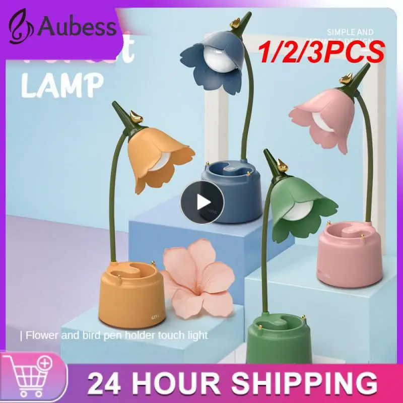 

1/2/3PCS Cute Desk Lamp Rechargeable LED Night Light Table Lamp for Bedroom Flowers Reading Light with Pen Holder 3 Color Modes
