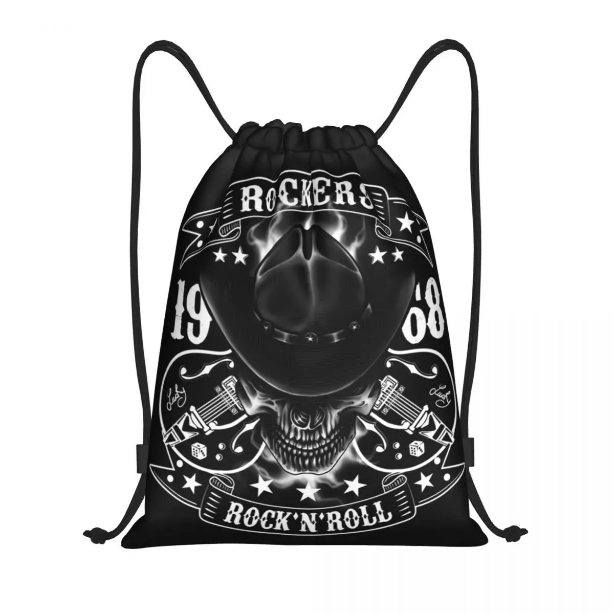 

Rockabilly Skull 1968 Rockers Rock N Roll Guitars Bikers Drawstring Bags Shopping Yoga Backpacks Women Men Sports Gym Sackpack