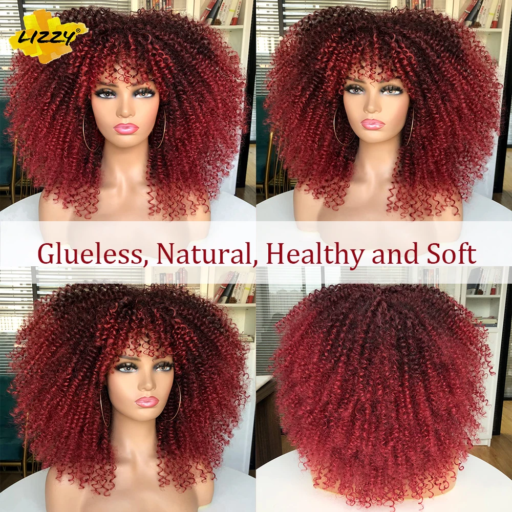 Short Afro Curly Wig With Bangs Synthetic African Glueless Fluffy Black Ombre Brown Curly Women's Wigs