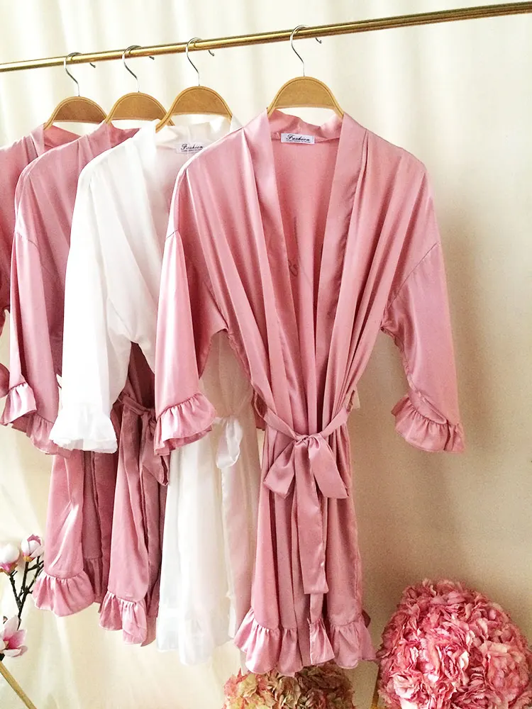 Dark Rose Satin Kimono Personalized Robe with Name for the Wedding Gown Custom Bachelorette Party Ruffle Silk Gown of Bridesmaid