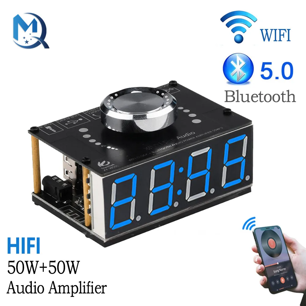 

Hi-fi 2*50 Вт Bluetooth 5,0 аудио усилитель мощности, плата модуля Wi-Fi, стерео, цифровой двухканальный усилитель, динамик