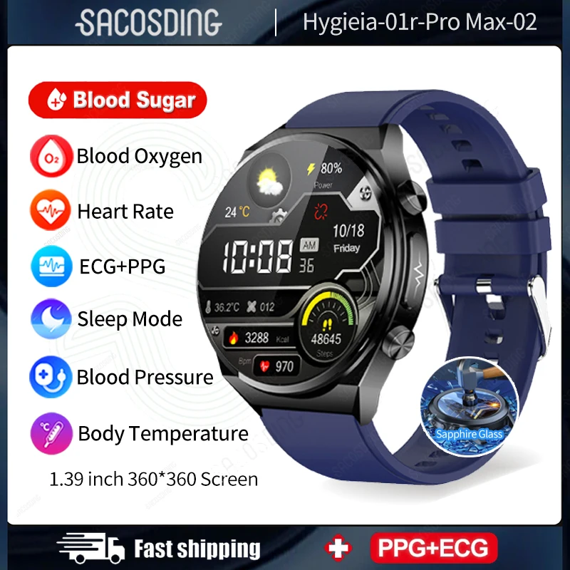 

2023 Non-Invasive Blood Glucose Smartwatch Men Sapphire AG Glass Mirror Heart Rate And Blood Pressure Monitor Health Smartwatch