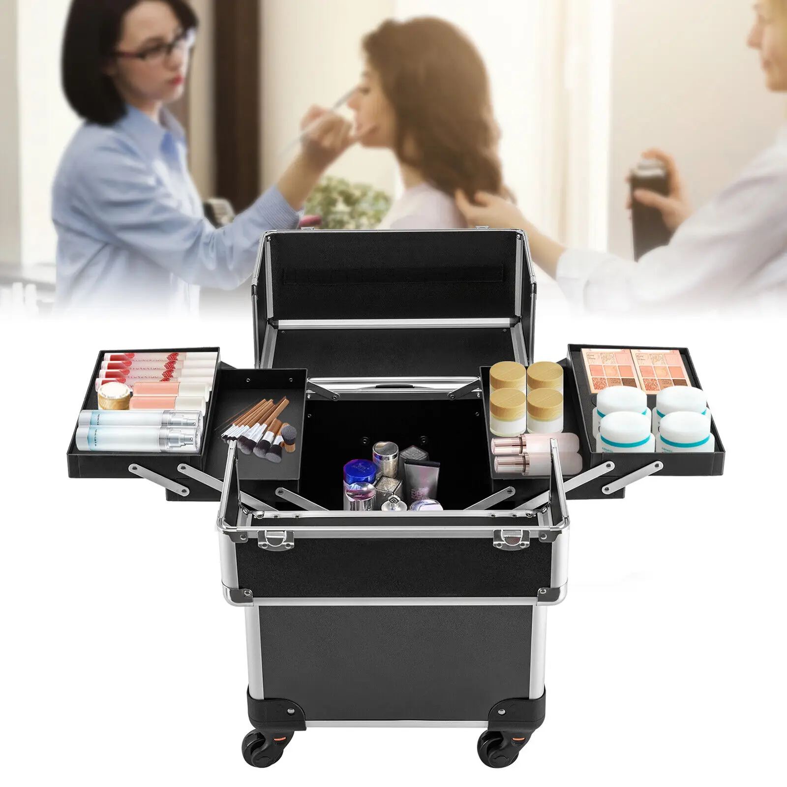 Professional Travel Makeup Case Beauty Train Case Rolling Cosmetic Organizer New 4