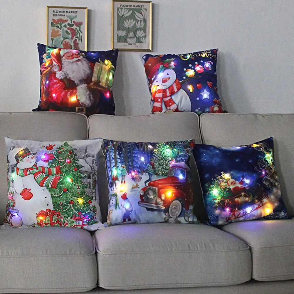 

LED Light Christmas Pillow Cushions Cover Santa Elk Xmas Lantern Snowflake Christmas Decoration Pillowcase Glow Holiday Win G6A1