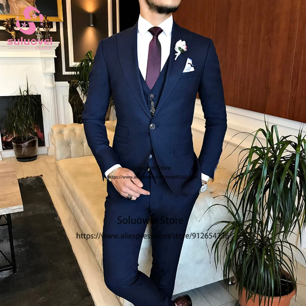 Classic Groom Wedding Peaked Lapel Suits For Men Slim Fit 3 Piece Jacket Vest Pants Set Male Business Blazer Formal Prom Tuxedo