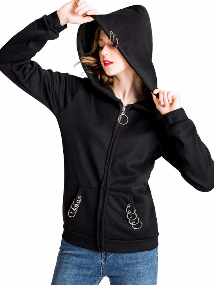 

2023 Women Hoodies Gothic Punk Iron Ring Sweatshirts Autumn Winter Long Sleeve Zip-up Black Jacket Zipper Ladies Coat
