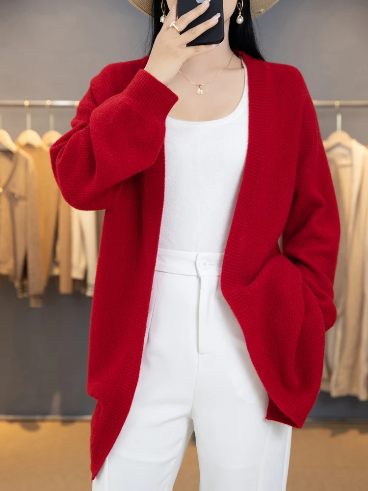 ADDONEE Women Long Cardigan Autumn Winter Cashmere Sweater Casual Loose Style Coat 100% Merino Wool Knitwear Korean Fashion Tops 5