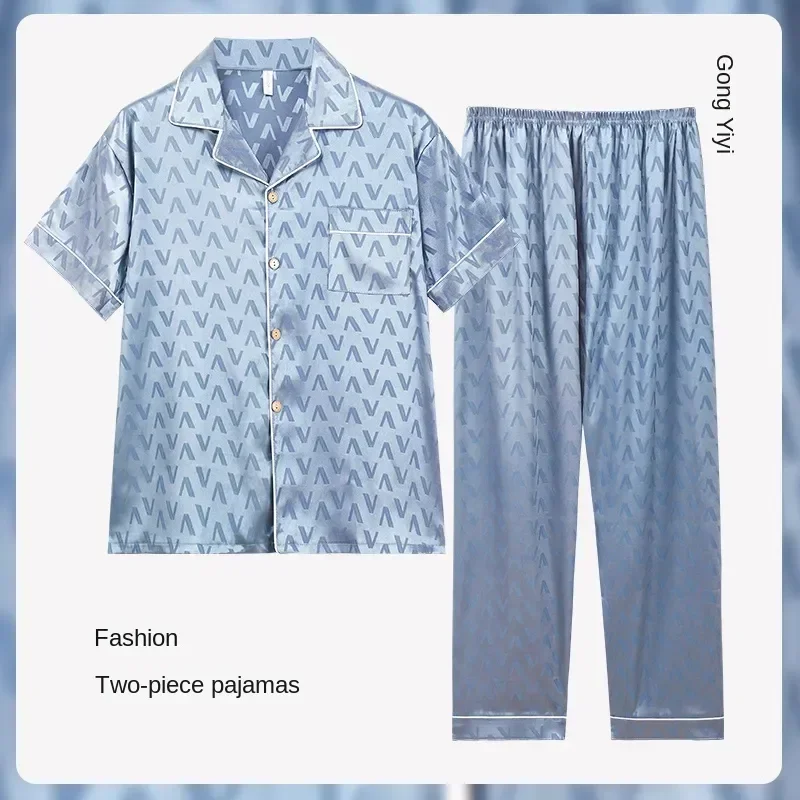 

Мужская Шелковая пижама, мягкая Осенняя домашняя пижама с воротником, одежда для лета, короткие шорты с лацканами, комплект из 3 предметов, классический рукав