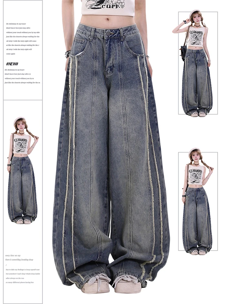 

Women's Blue Y2k Patchwork Jeans Baggy Harajuku Denim Trousers Y2k Jean Pants Vintage 90s Aesthetic 2000s Trashy Grunge Clothes