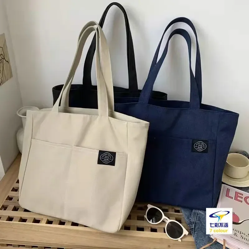 

Women Canvas Designer Handbag Reusable Tote Shoulder Casual Ladies Bag Cotton Color Bag Shopping Bag Large Solid Beach Capacity
