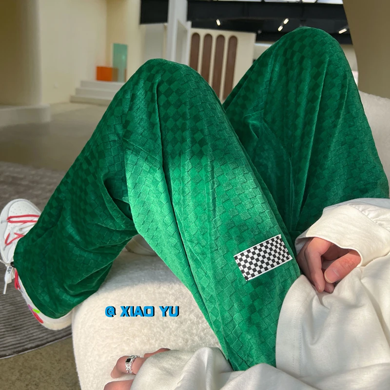 Green high end velvet pants oversize men's straight wide leg pants look